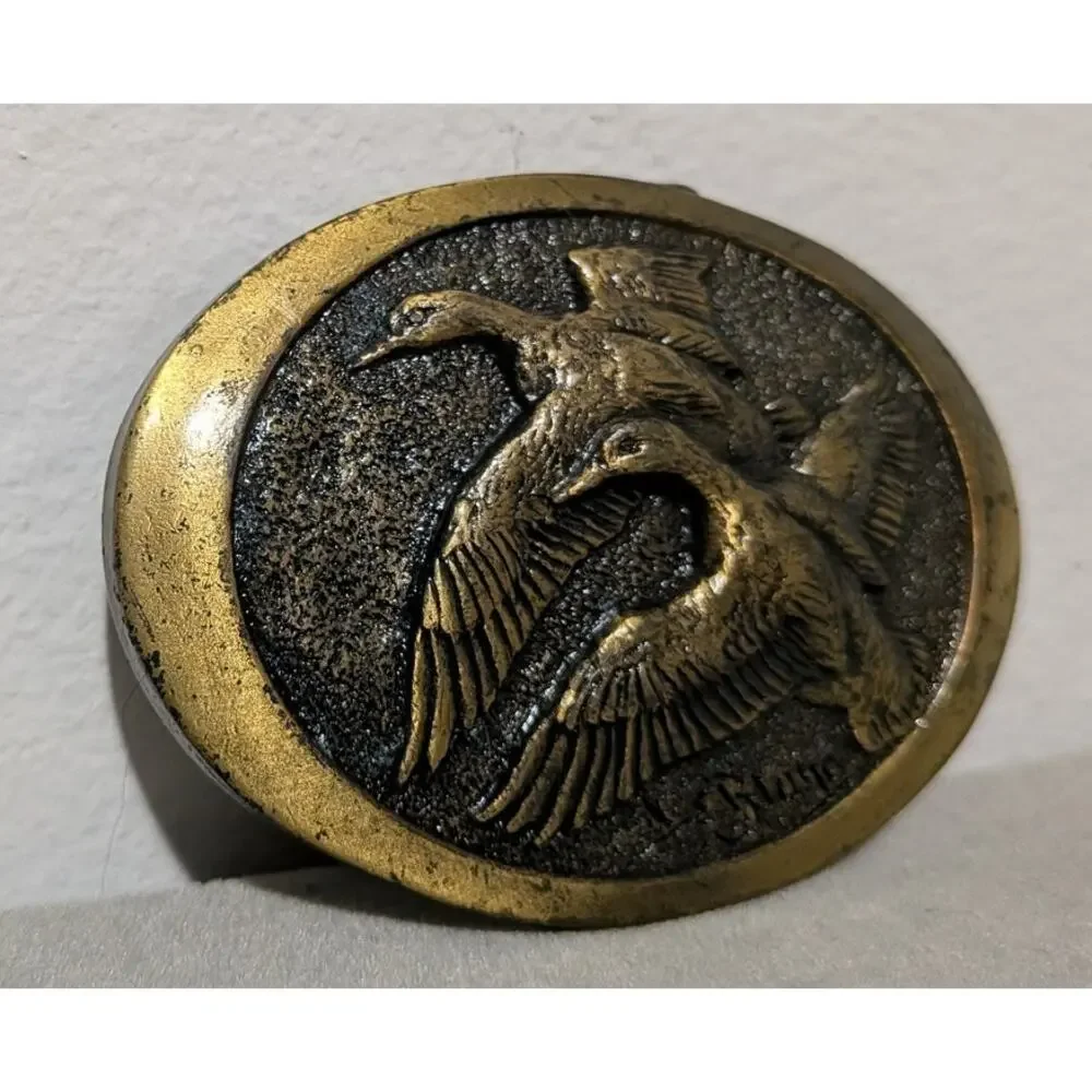 Vintage 1978 David A Bortner Brass Belt Buckle Flying Mallard Ducks Wildlife